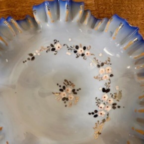 Victorian Style Ruffle Milk Glass Bowl Hand Painted Floral Blue Edge Brides Bowl - Picture 5 of 5